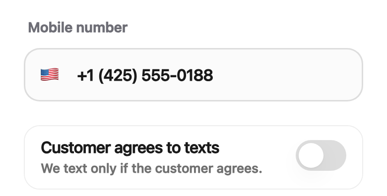 Part of the Add customer sheet in the Kaila business app: the mobile number field and the switch Customer agrees to texts, off.